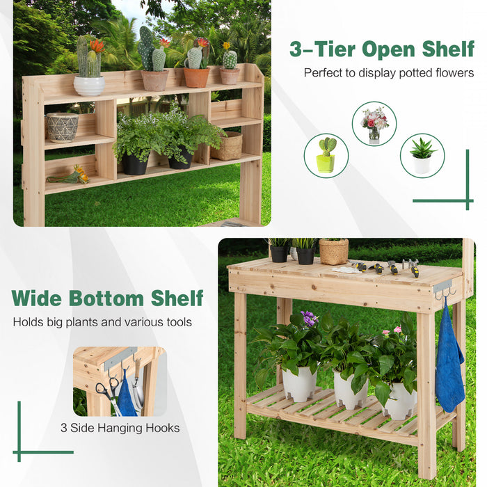 Table Pour Plante En Bois Avec Plateau Rabattable, Etageres Et 3 Crochets, Table De Rempotage Pour Serre / Jardin / Terrasse, Table De Jardinage, Capacite De Charge 150 Kg, 110x50x153cm