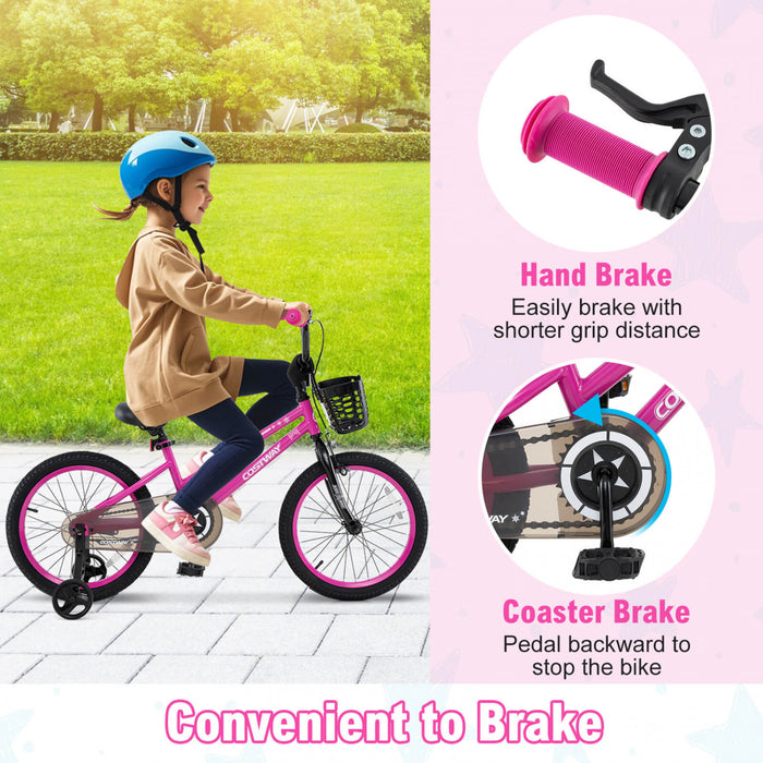 Costway 18\" Velo Pour Enfants Avec Roues D'entrainement Guidon Reglable Et Frein A Main De Siege Rose