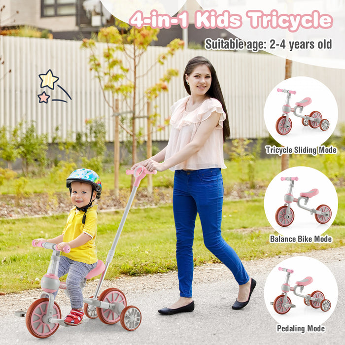 Costway 4 En 1 Enfants Tricycles Avec Poignee De Poussee Et Roues D'entrainement Bebe Equilibre Velo Rose