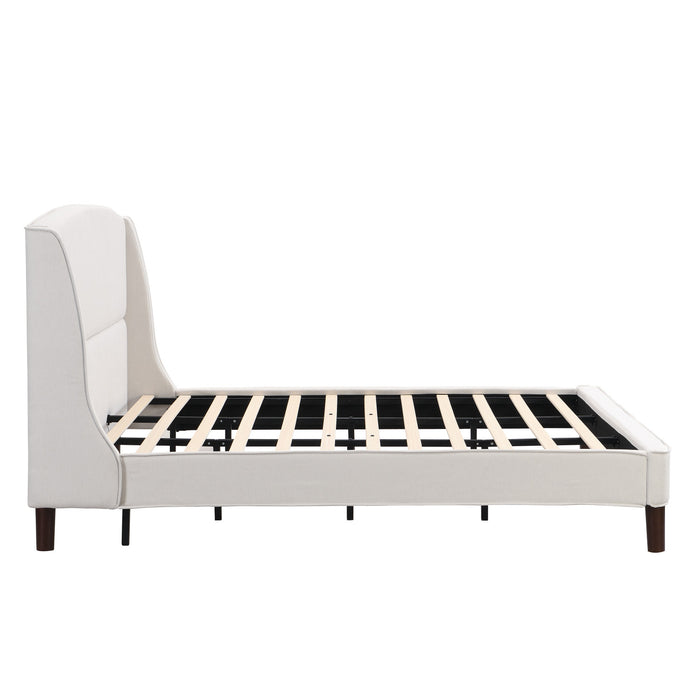 Lit Ellison a Plateforme Rembourre en Tissu avec Tete de Lit Ailes et Lattes en Bois, Taille King - Beige