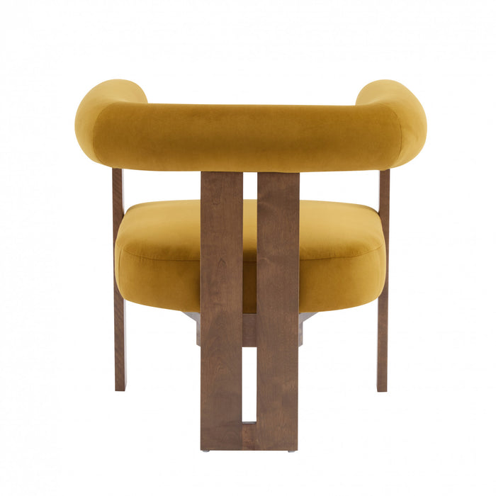 Crest Fauteuil d'Appoint Moderne a Accoudoirs Ronds et Pieds Triangulaires, Jaune Moutarde, Noyer
