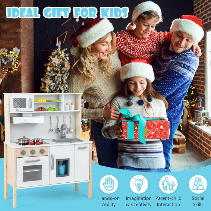 Cuisine En Bois Pour Enfants, Ensemble De Jeu De Cuisine Pour Tout-petits Avec Micro-ondes, Hotte Aspirante, Plaques De Cuisson, Evier De Jeu, Four, Machine A Glacons Et Accessoires De Cuisine, Ensemble De Cuisine Pour Jouets Avec Sons Pour Garcons Et Filles De 3 A 6 Ans