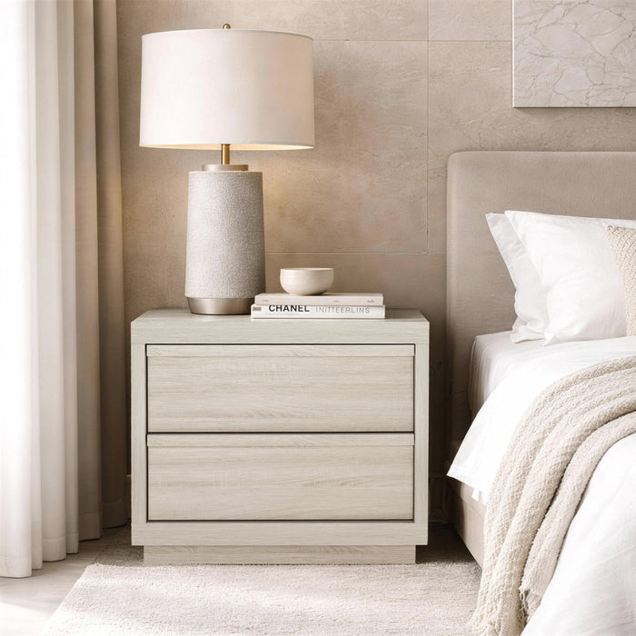 Table de nuit contemporaine Navis 66 cm en chene blanchi (2 tiroirs)