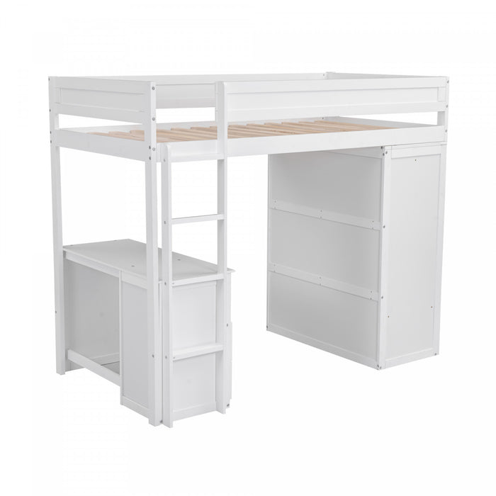 Lit Mezzanine En Bois Massif Jeffrey Avec Armoire, Bureau Et Tiroirs, Blanc
