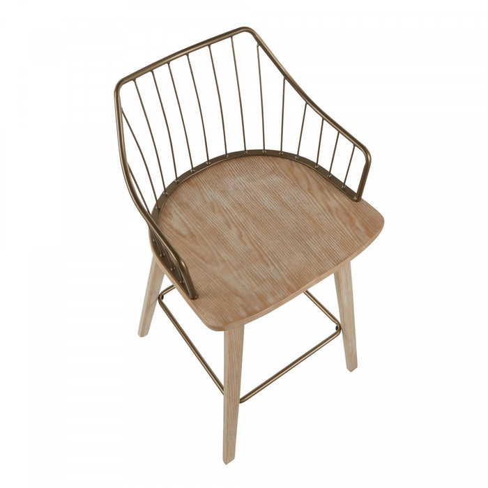 Tabouret champêtre Winston de hauteur comptoir en bois - blanchi et cuivre antique