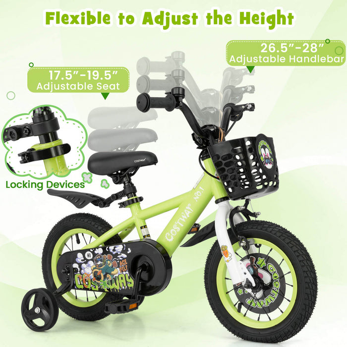 Costway 12\" Velo Pour Enfants Pour 3-4 Avec Guidon Reglable En Hauteur Et Frein A Main En Selle Vert