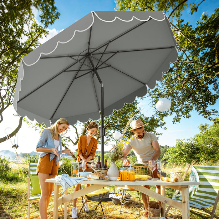 Parasol de patio Costway 10 FT avec reglage d'inclinaison a manivelle, bordures, haut ventile, 8 baleines, gris