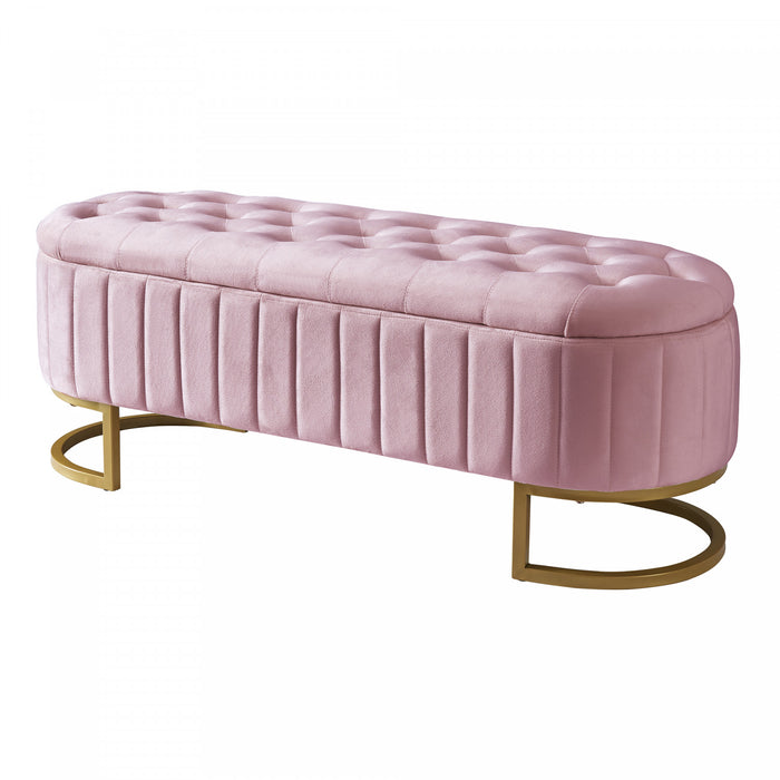 Banc de rangement elegant Amelia en velours capitonne avec pieds en metal, rose