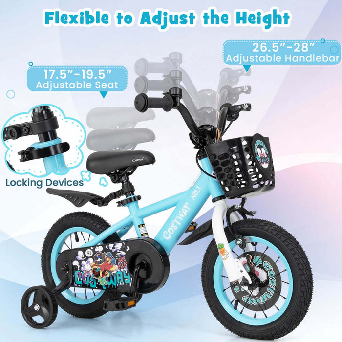 Costway 12\" Velo Pour Enfants Pour 3-4 Avec Guidon Reglable En Hauteur Et Frein A Main En Selle Bleu