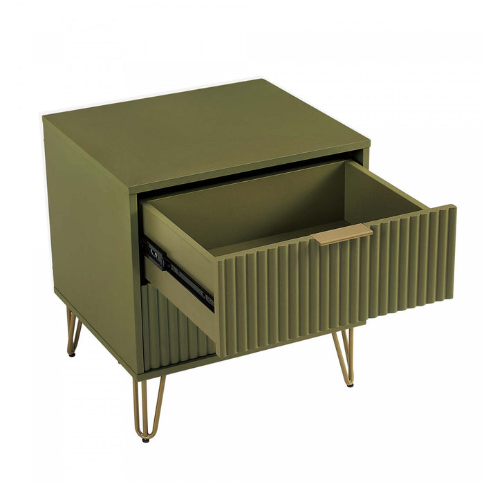 Table de nuit moderne Dumbo 20\" a cannelures en vert olive (2 tiroirs)