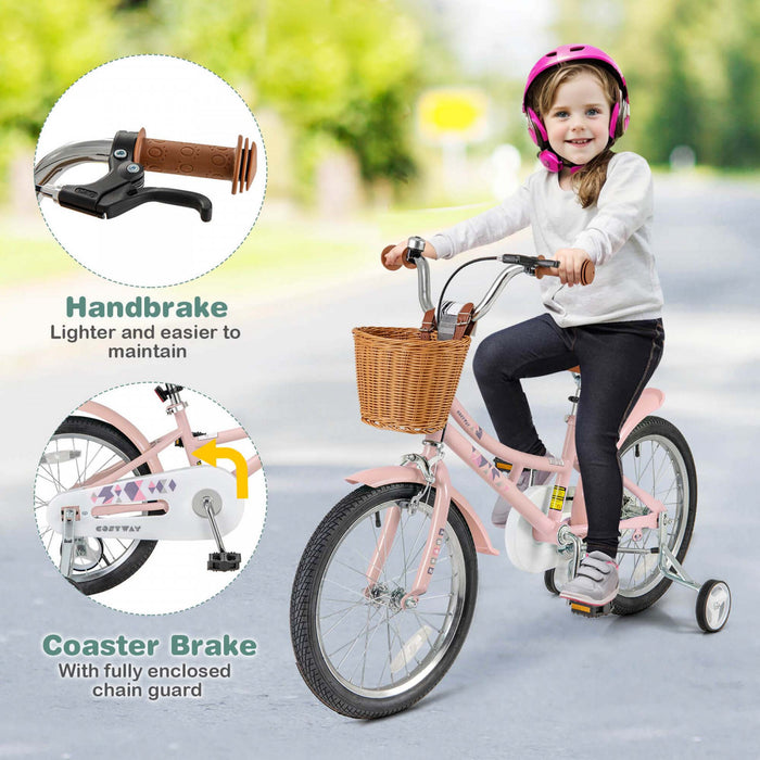 Costway 18\" Velo Enfants Avec Guidon Reglable En Hauteur Siege Panier Cloche Roues D'entrainement Rose