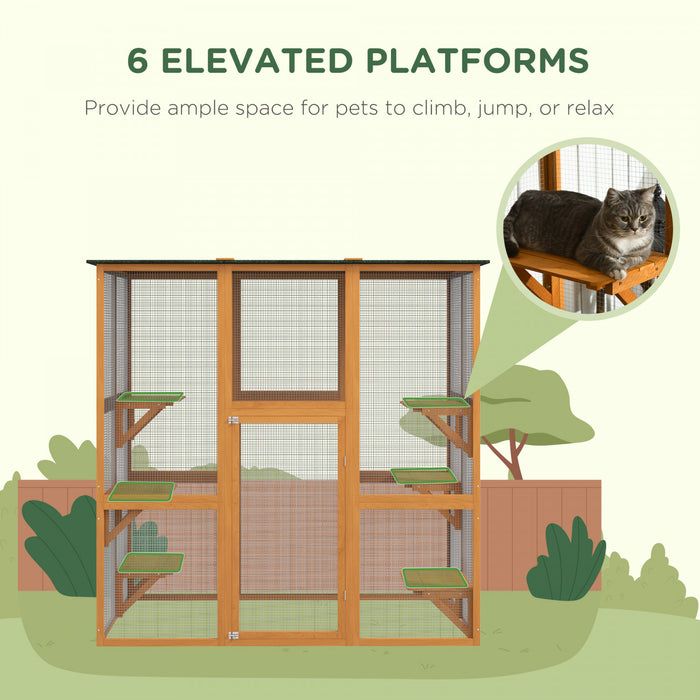 Pawhut Grand Enclos Exterieur Pour Chat, Terrasse En Bois Pour Chat Avec 6 Plates-formes Equilibrees Et Toit En Asphalte, 71\" X 38.5\" X 71\", Orange