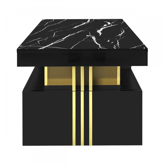 Noah table basse moderne – table avec plateau a motif marbre et tiroirs de rangement, noir