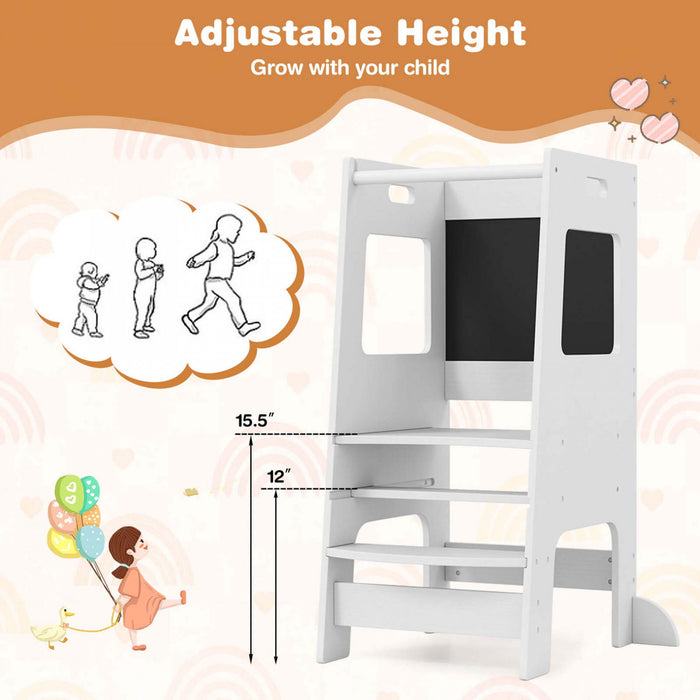 Tabouret D'etape De Cuisine Costway Pour Tout-petit Enfant Avec Tableau A Bois D'activite Reglable En Hauteur Et Rail De Securite Blanc