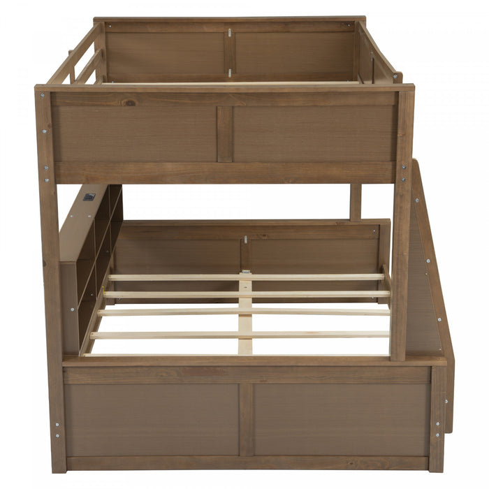 Lit superpose Liam en bois massif Full XL sur Queen avec rangement et ports USB, brun