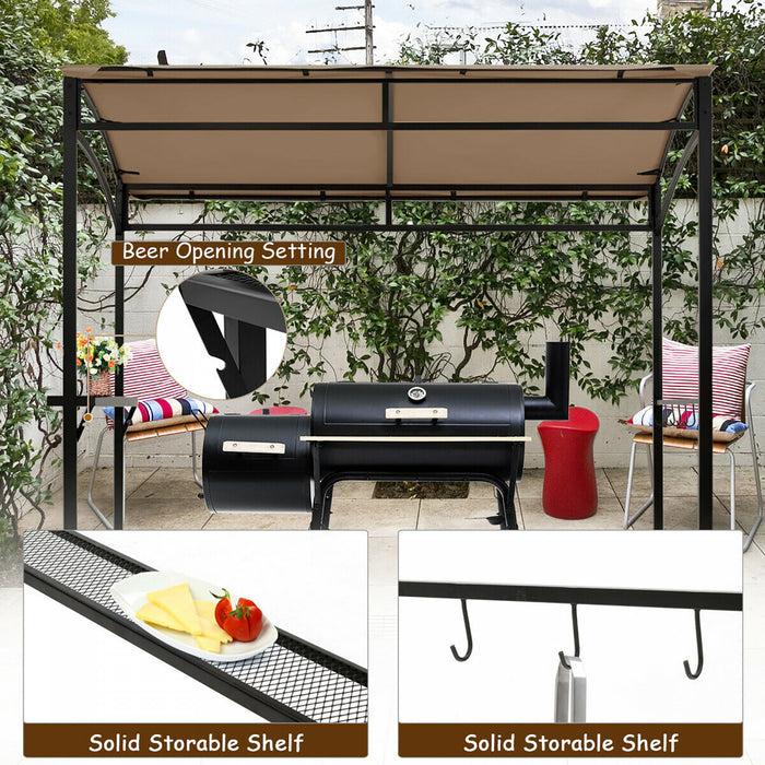 7’x4.5 ’ Grill Gazebo Patio Exterieur Jardin Bbq Auvent Abri De Rangement Crochet Brun