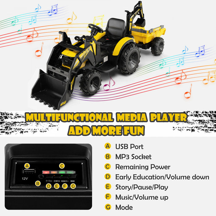 3-en-1 Enfants Montent Sur Bulldozer D'excavateur 12v Tracteur Electrique A Distance W / Remorque Jaune