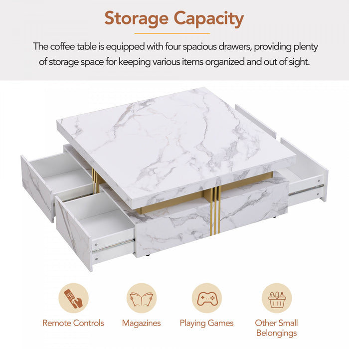 Table Basse Carree Marcia De 43,3\" En Bois Composite Avec Tiroirs De Rangement, Blanche