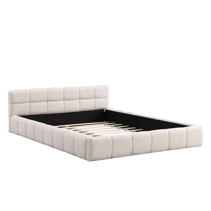 Eleanor Lit elegant avec revetement en chenille et design a damier, Taille Queen, Beige