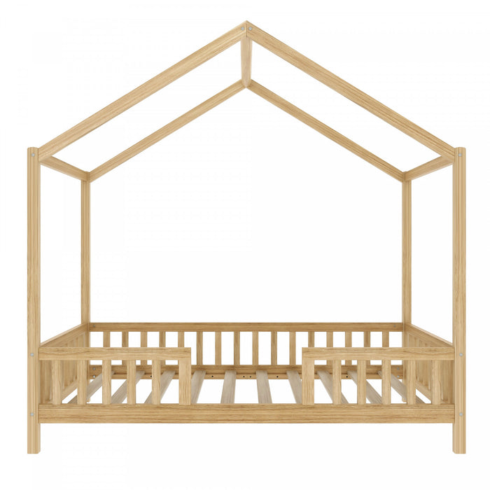 Paul Lit Montessori au sol avec baldaquin et barrieres hautes, Taille Simple, Bois Naturel