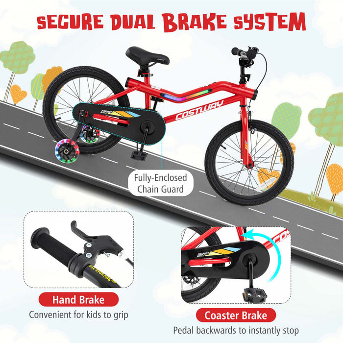 Costway 18\" Led Eclaire Velo Pour Enfants Avec Siege Reglable Coaster Frein Roues D'entrainement Rouge