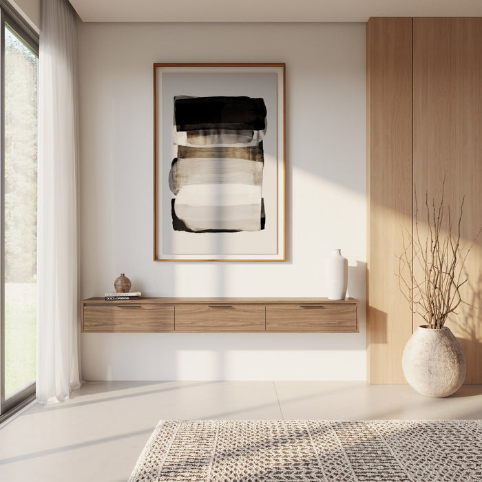 Meuble pour téléviseur mural mince Nordika de 72 po avec 3 armoires de rangement - noyer clair