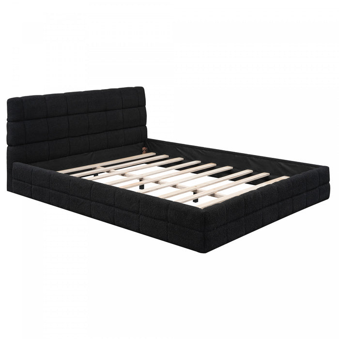 Lit plateforme moderne Emma rembourre avec structure en bois massif confortable, taille queen, noir