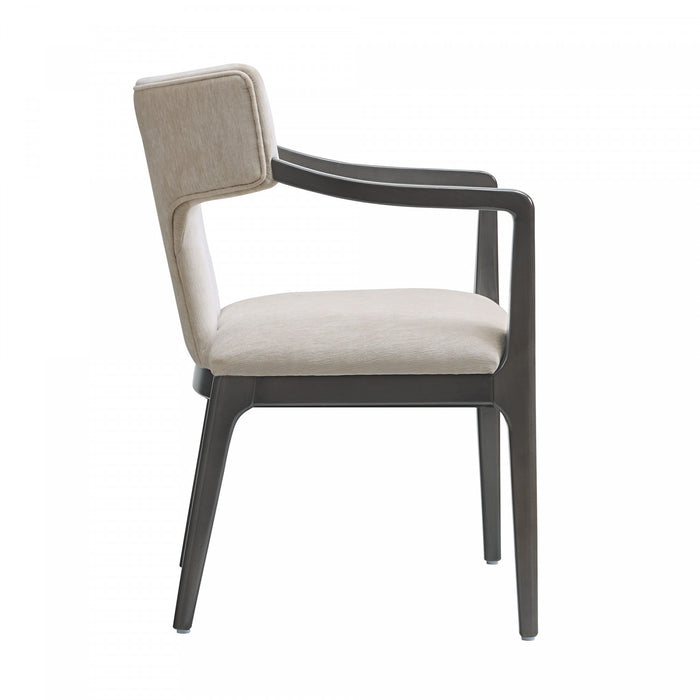 Fauteuil Eloria style moderne du milieu du siecle en bois et en chenille, coloris taupe