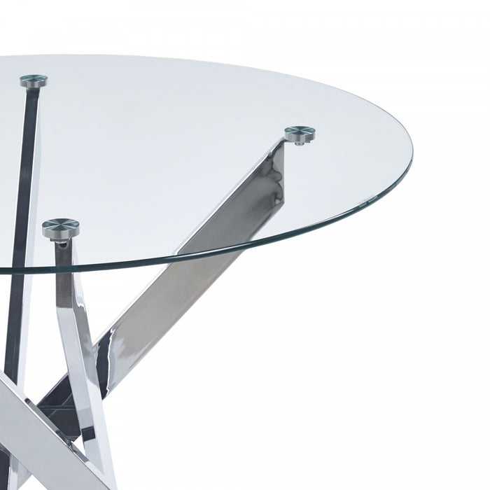 Table a manger ronde multifonctionnelle Alex avec plateau en verre, finition chrome