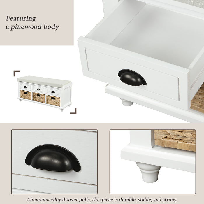 Banc De Rangement Harvey En Bois Massif Avec Tiroirs Et Paniers En Rotin, Blanc