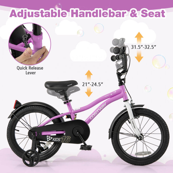 Costway 16\" Velo Pour Enfants Pour Garcons Et Filles De 4 A 7 Ans Avec Reflecteurs De Frein A Main Reglables Violet