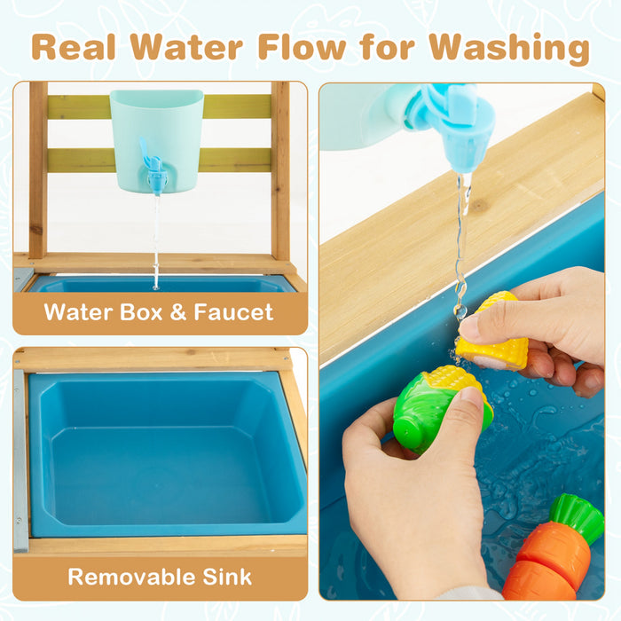 Jeu De Cuisine En Bois Pour Enfant, Cuisine Jouet Pour Enfant, Robinet Et Reservoir A Eau, Evier Amovible, 3 Crochets De Suspension, 1 Etagere Amovible, 2 Etageres Fixes, Pour Les +3 Ans