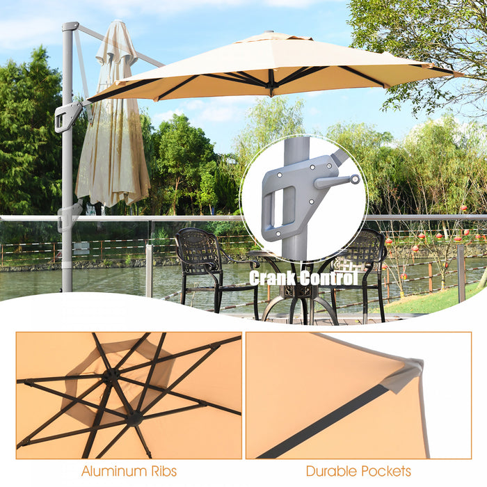 Costway Parasol deporte 11ft pour terrasse a rotation cantilever, aluminium, inclinable, base croisee, beige