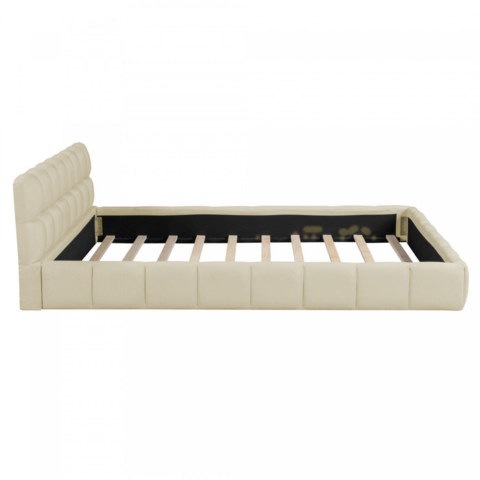 Lit plateforme rembourre Jessica avec tissu en lin confortable et cadre robuste, taille Queen, beige