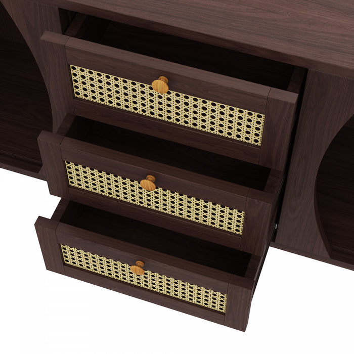James 55.3\" Cabinet Moderne Minimaliste en Bois avec Portes Coulissantes et Etageres Ajustables, Marron Fonce