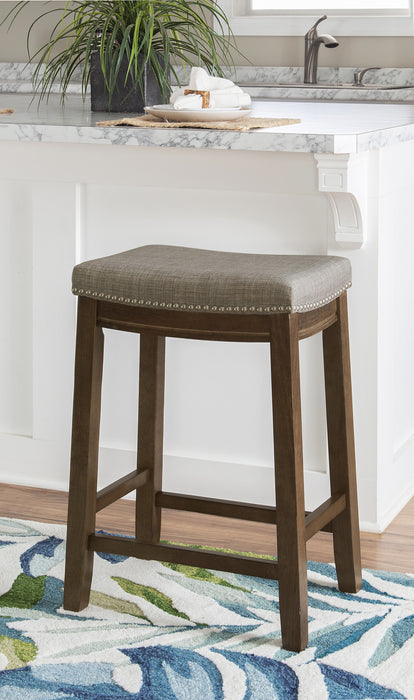Tabouret Claridge de hauteur comptoir en tissu d’apparence lin, en forme de selle et sans dossier - brun foncé