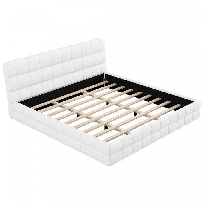 Lit plateforme moderne Emma rembourre avec structure en bois massif confortable, taille king, blanc