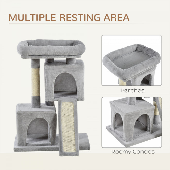 Pawhut Tour D'arbre A Chat En Peluche Centre D'activites Avec Poteau A Gratter En Sisal Planche A Gratter Condo Gris Clair