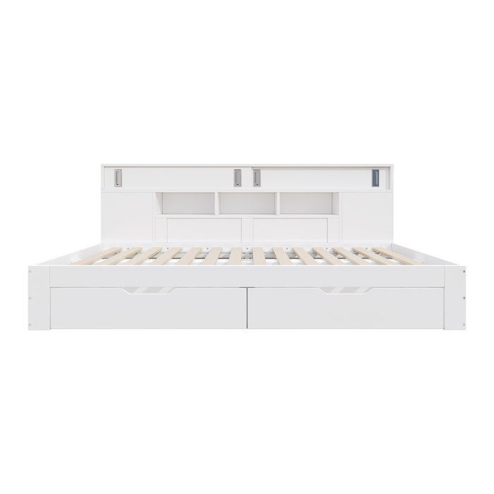 Banquette-lit Liam avec tiroirs de rangement et etageres integrees, taille full, blanc