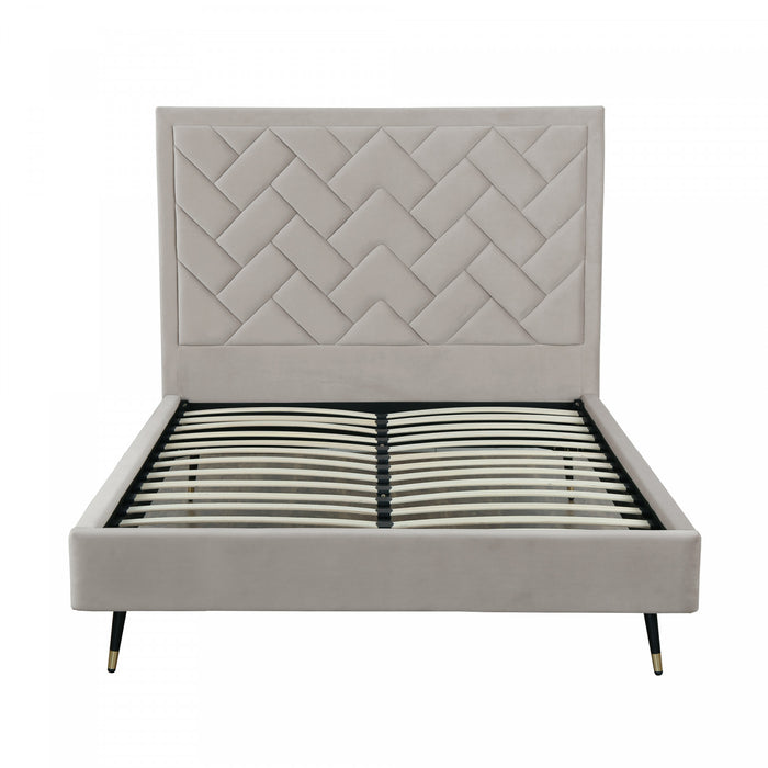 Lit Queen moderne Crosby en velours capitonne, coloris grege
