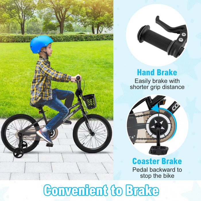 Costway 18\" Velo Pour Enfants Avec Roues D'entrainement Guidon Et Frein A Main Reglable Noir