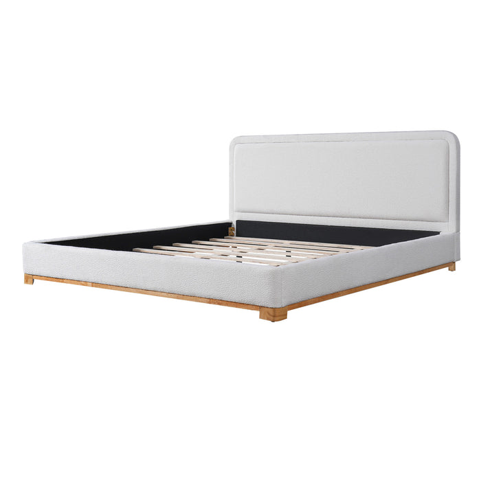Lit plateforme Ethan a profil bas en boucle avec tete de lit courbee rembourree, taille king, blanc