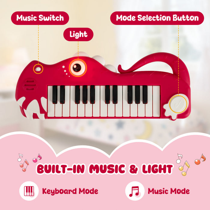 Costway Clavier de Piano pour Enfants 25 Touches en Forme de Dinosaure, Jouet Piano Numerique avec Musique et Lumieres Integrees - Rouge