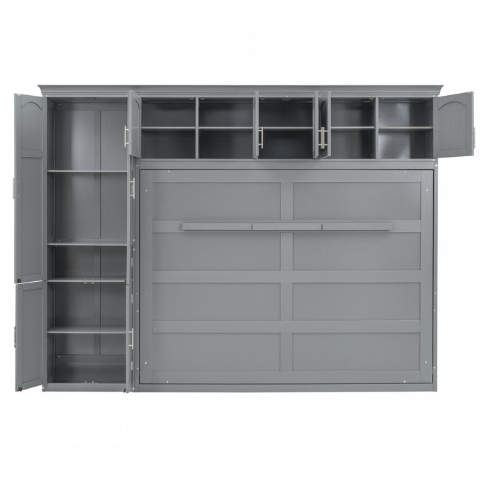 Lit Mural Escamotable Eileen Avec Rangements, Taille Queen, Gris