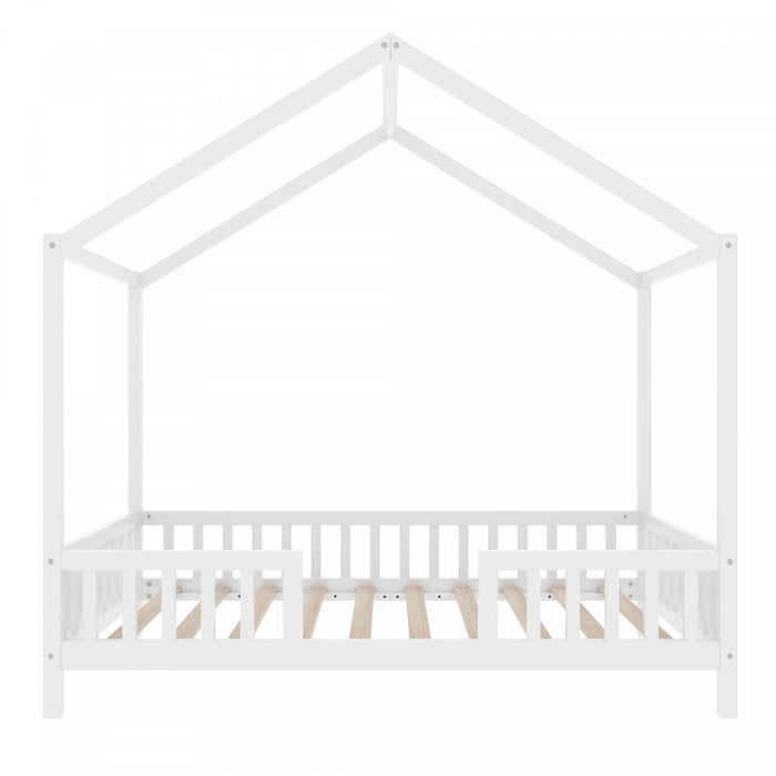 Paul Lit Montessori au sol avec baldaquin et barrieres hautes, Taille Simple, Blanc