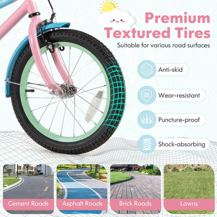 Costway 16\" Velo Pour Enfants Avec Guidon Reglable De Selle Roues D'entrainement Amovibles Frein A Main Rose