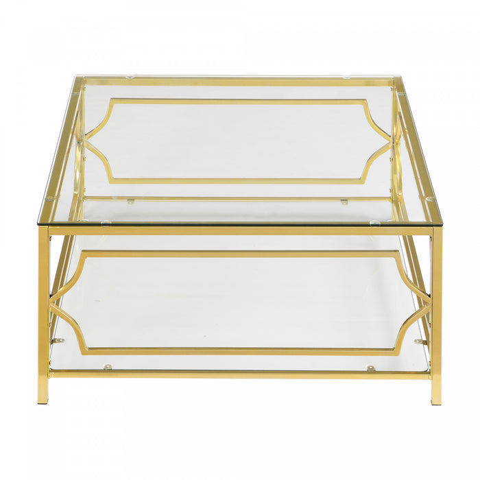 Gleam Table Basse Carree en Verre Trempe 33.5 po avec Cadre Geometrique Dore et Etagere Inferieure, Transparent