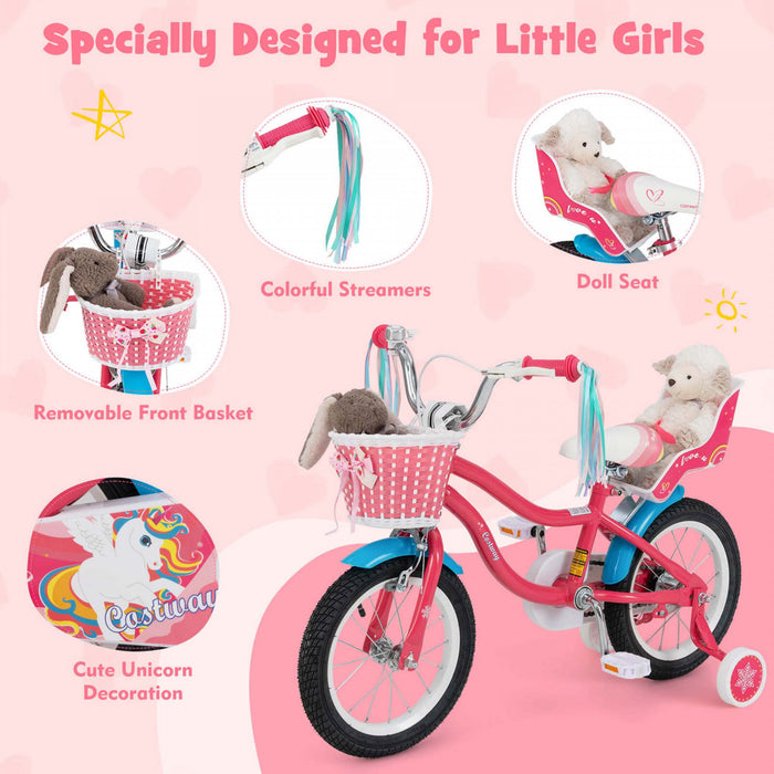 Costway 14 Pouces Enfants Velo Avec Panier Poupee Siege & Streamers Colores 2 Roues D'entrainement Rose