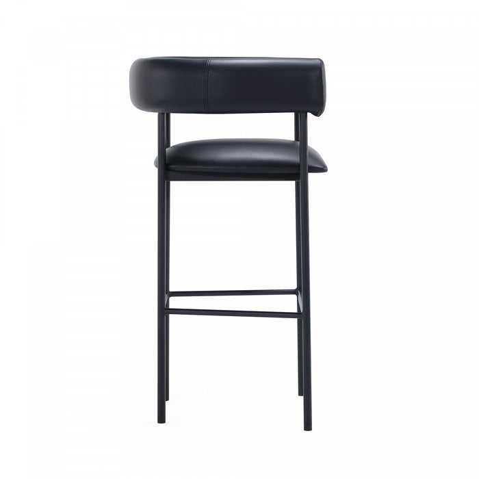 Tabouret de bar contemporain Onda en cuir vegetalien et metal, rembourre, noir