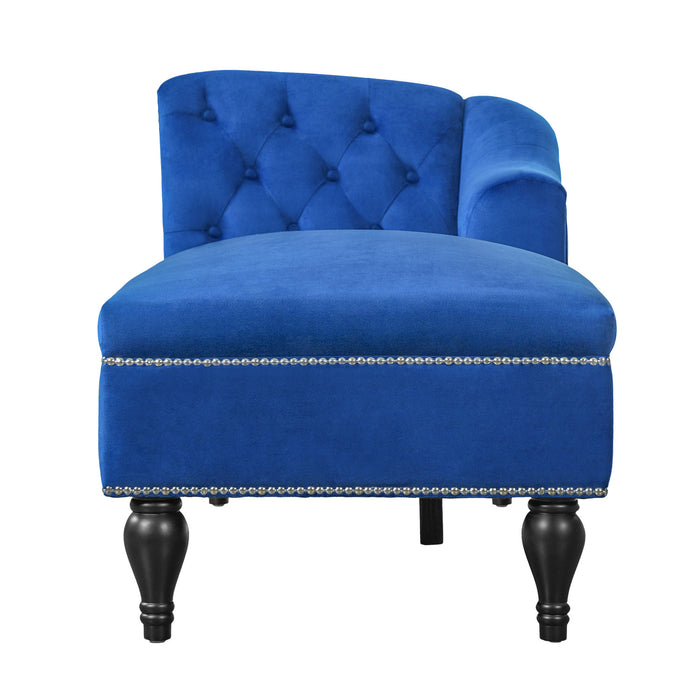 Serena Chaise Longue en Velours a Capitonnage Boutonne et Clous Decoratifs, Bleu